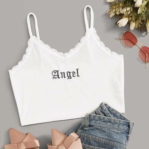 White Velvet Angel Cami Crop Top Lace Trim